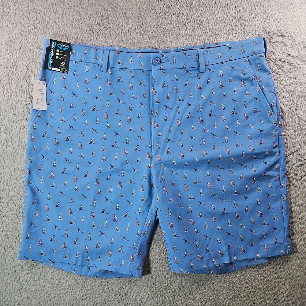 NWT Roundtree & Yorke Performance Shorts Men‎ 42 x 9" Classic Fit Sail Boat Blue